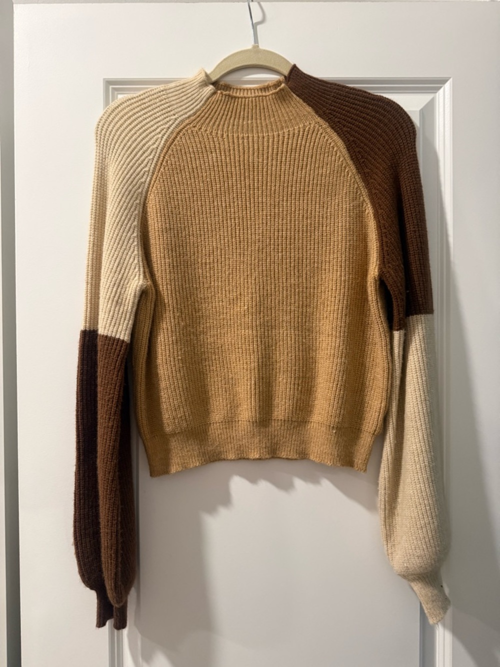 Zaful Colorblock Crewneck Sweater - Tan, Cream & Brown
